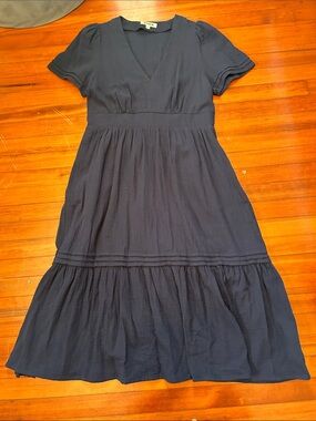 Boden 100% Cotton Double Cloth Midi Dress Navy Blue V-Neck Size 14